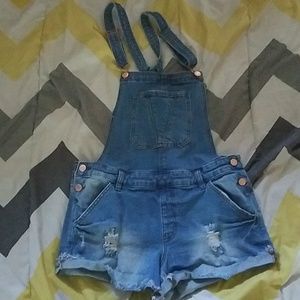 Distressed denim overall shorts